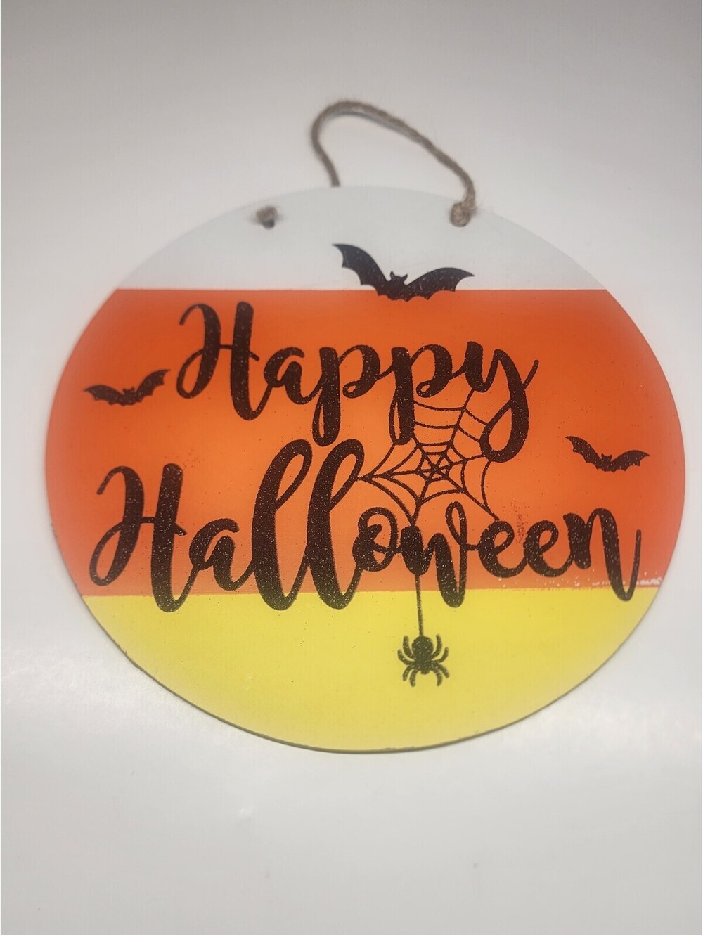 New "Happy Halloween" Candy Corn Glitter Decor Hanging Round Wood Sign Fall Bats